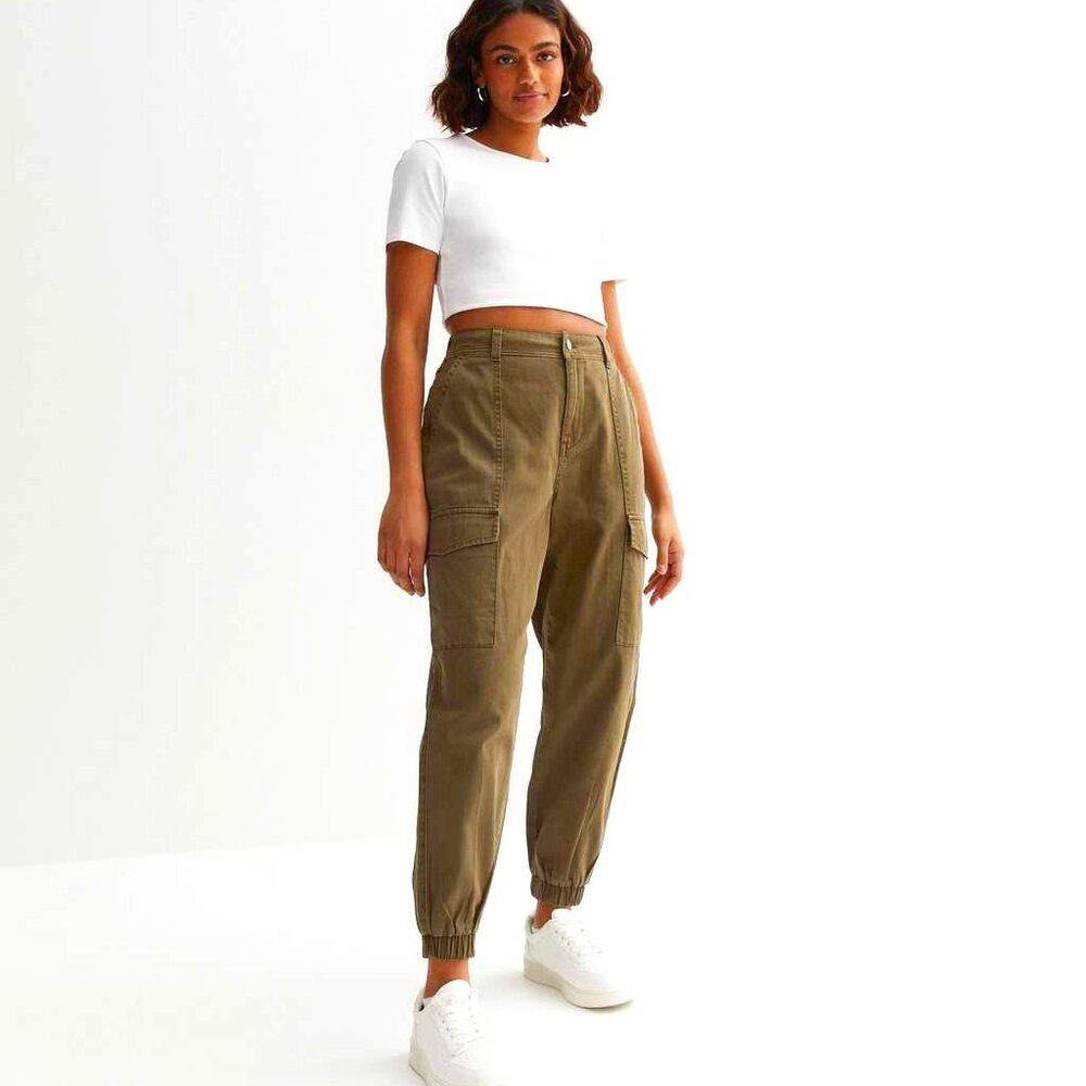 NWT New Look Petite Khaki Cotton Cuffed Cargo Trousers 4P/SP